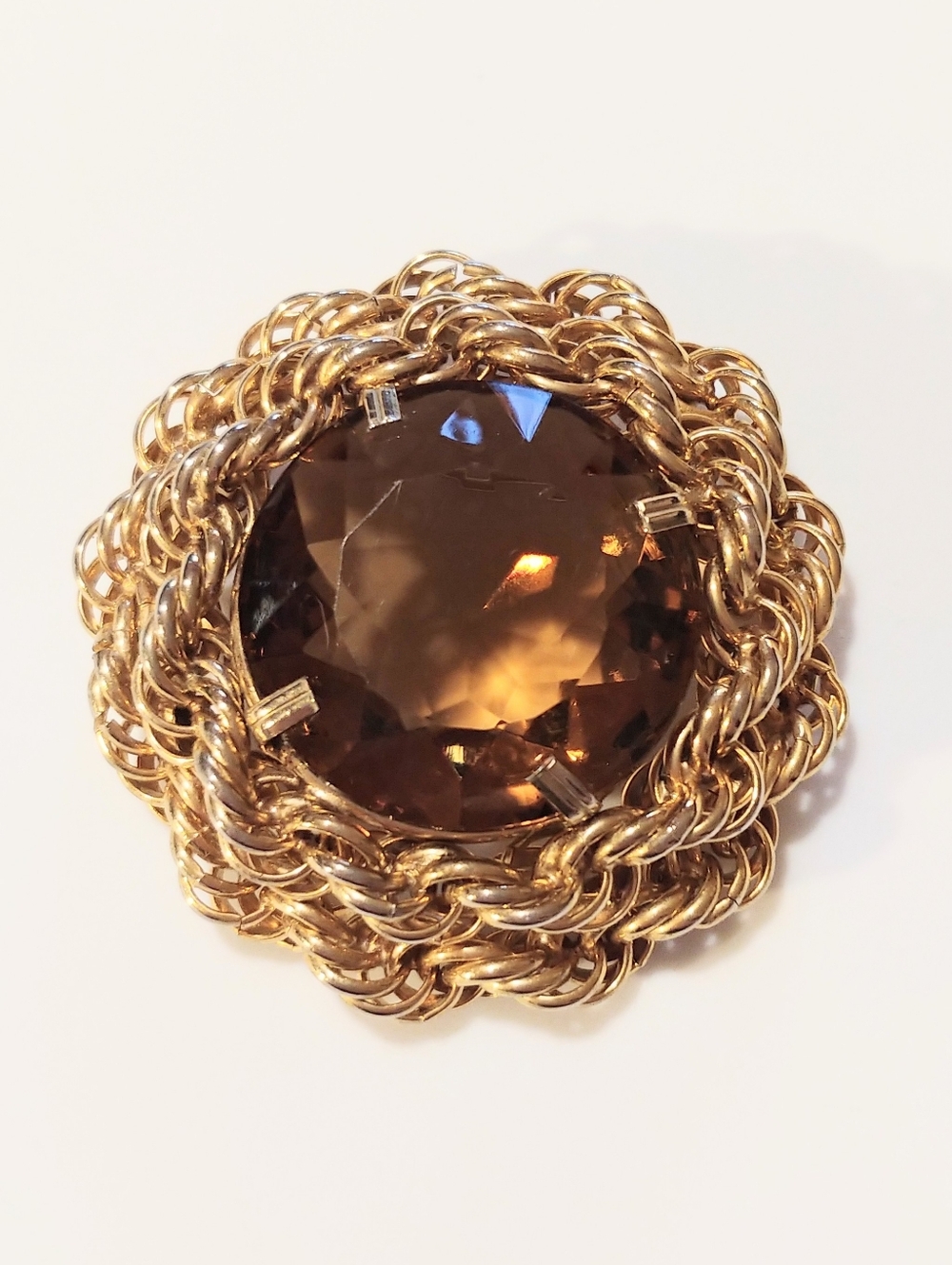 Large Vintage 60s Amber Faceted Glass  Bold Statement Brooch Pin Goldtone
